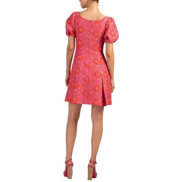 Trina Turk Back Zip Short Puff Sleeve Floral Mini Dress Pink Womens Size 10 - Picture 2 of 7
